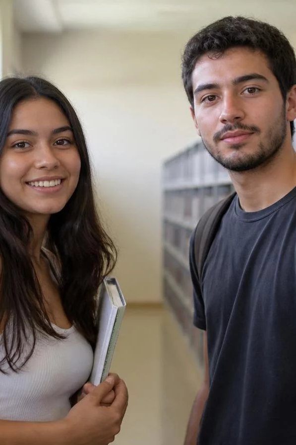 Duas participantes de pé conversando no corredor entre prateleiras de livros