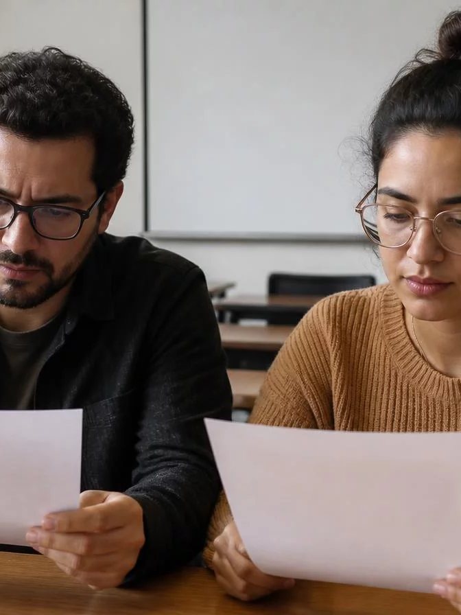 Turma sentada numa sala clara enquanto uma pessoa sustenta o próprio ponto de vista